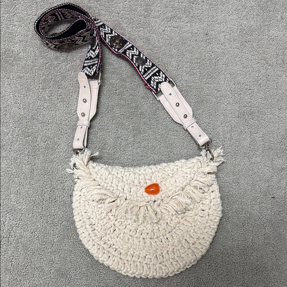 Free People Boho Crochet Crossbody Bag with Patterned Strap